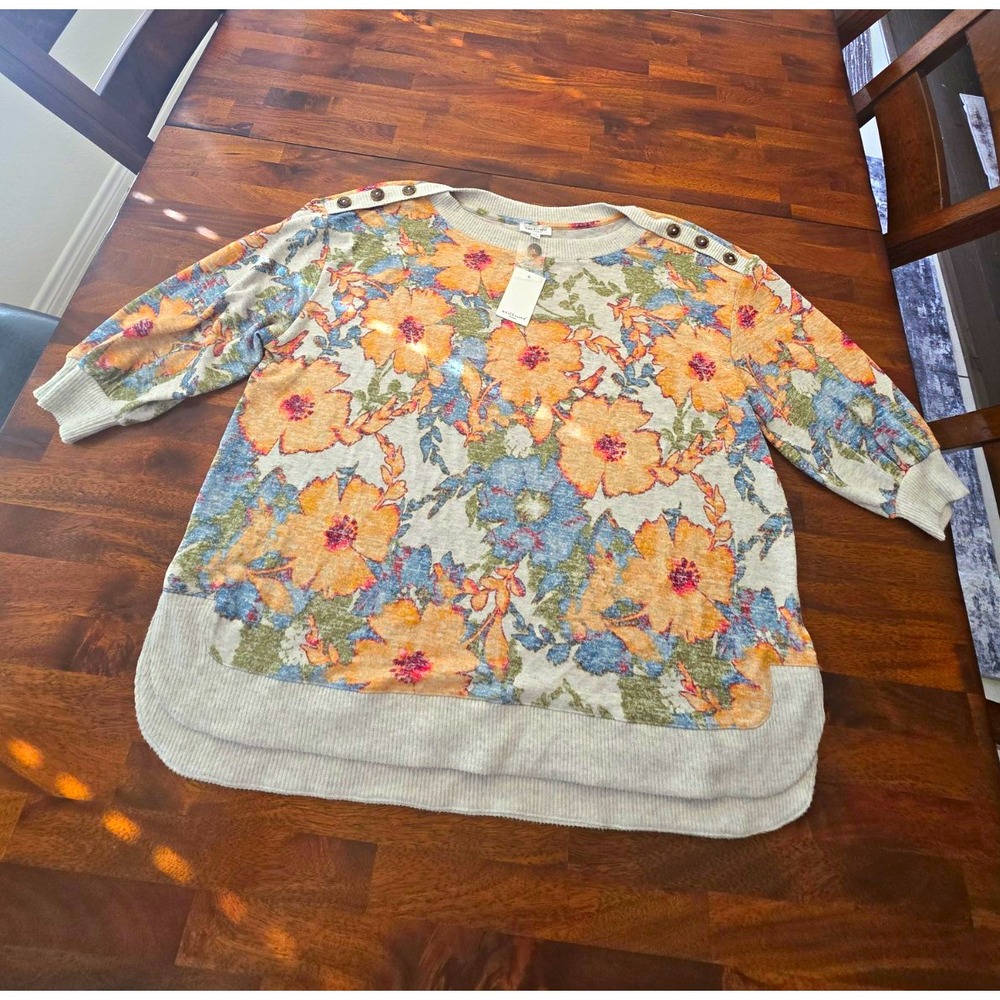 Westbound Woman 1X Floral Knit Pullover Sweater Crew Neck Shoulder Gray 063